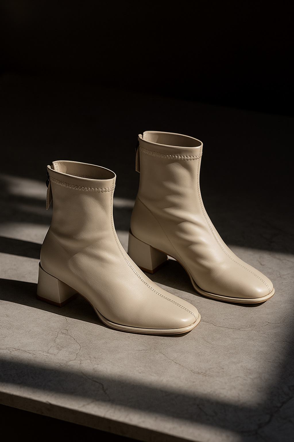 Women's Leather Ankle Boots with Block Heel and Square Toe Design