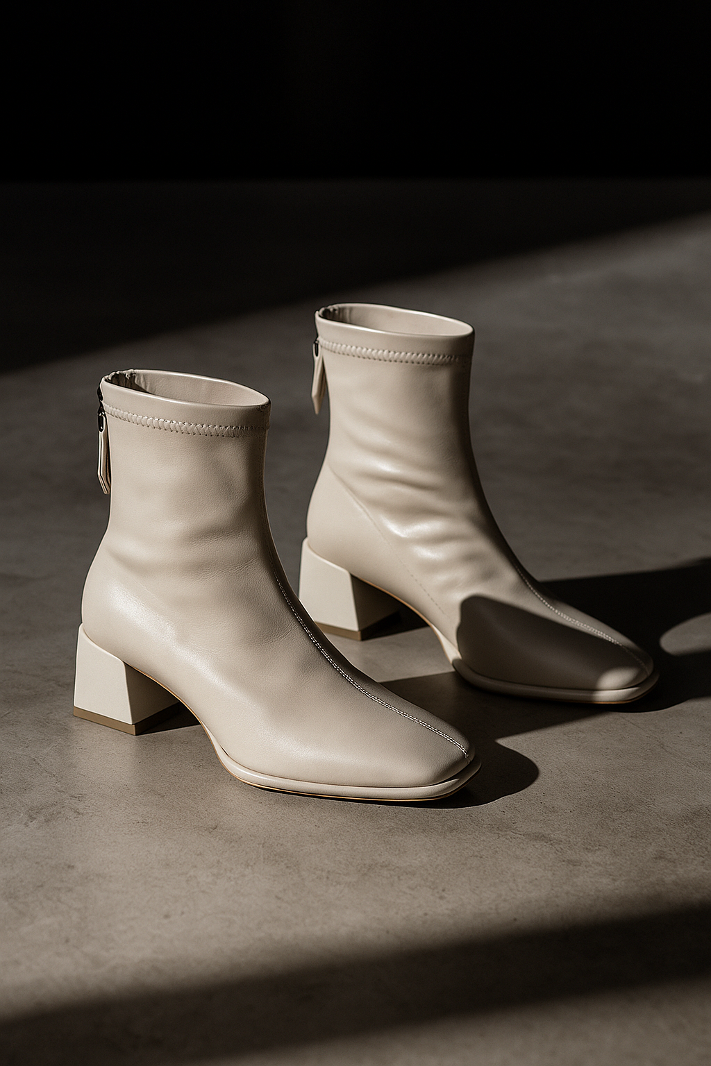 Women's Leather Ankle Boots with Block Heel and Square Toe Design