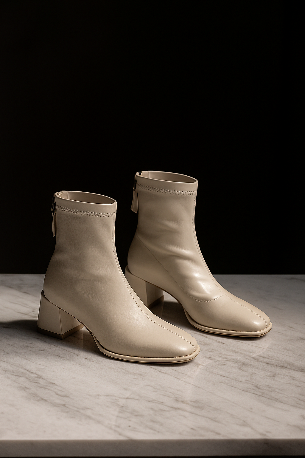 Women's Leather Ankle Boots with Block Heel and Square Toe Design