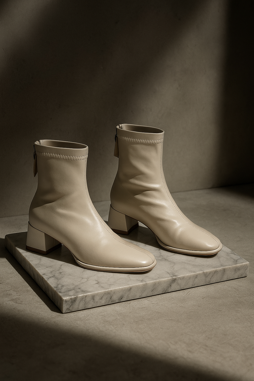Women's Leather Ankle Boots with Block Heel and Square Toe Design