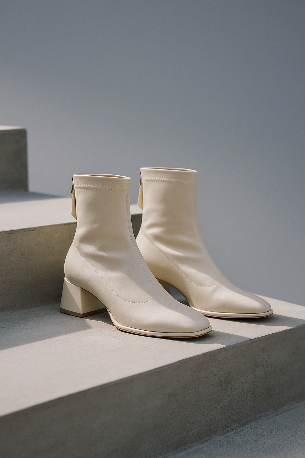 Women's Leather Ankle Boots with Block Heel and Square Toe Design