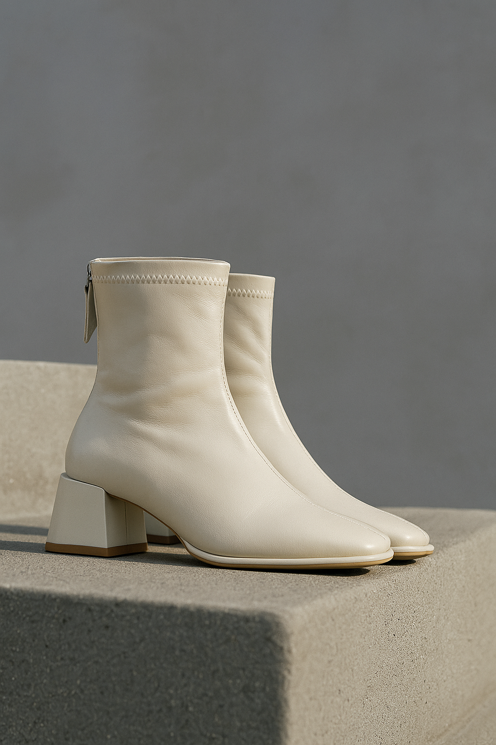Women's Leather Ankle Boots with Block Heel and Square Toe Design