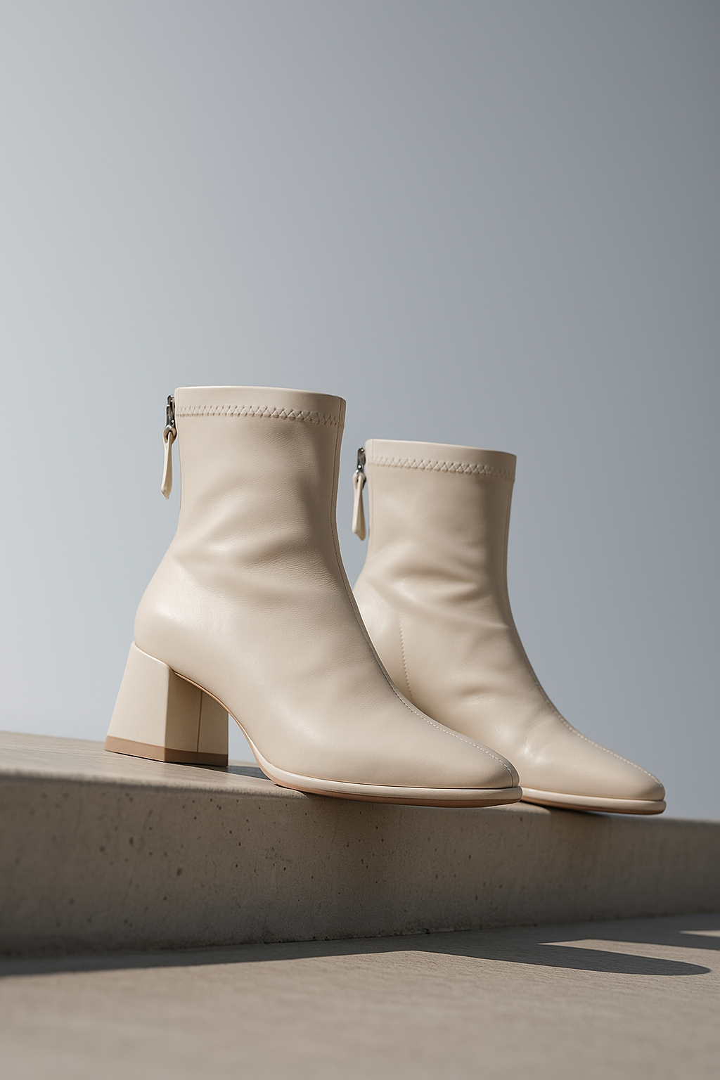 Women's Leather Ankle Boots with Block Heel and Square Toe Design