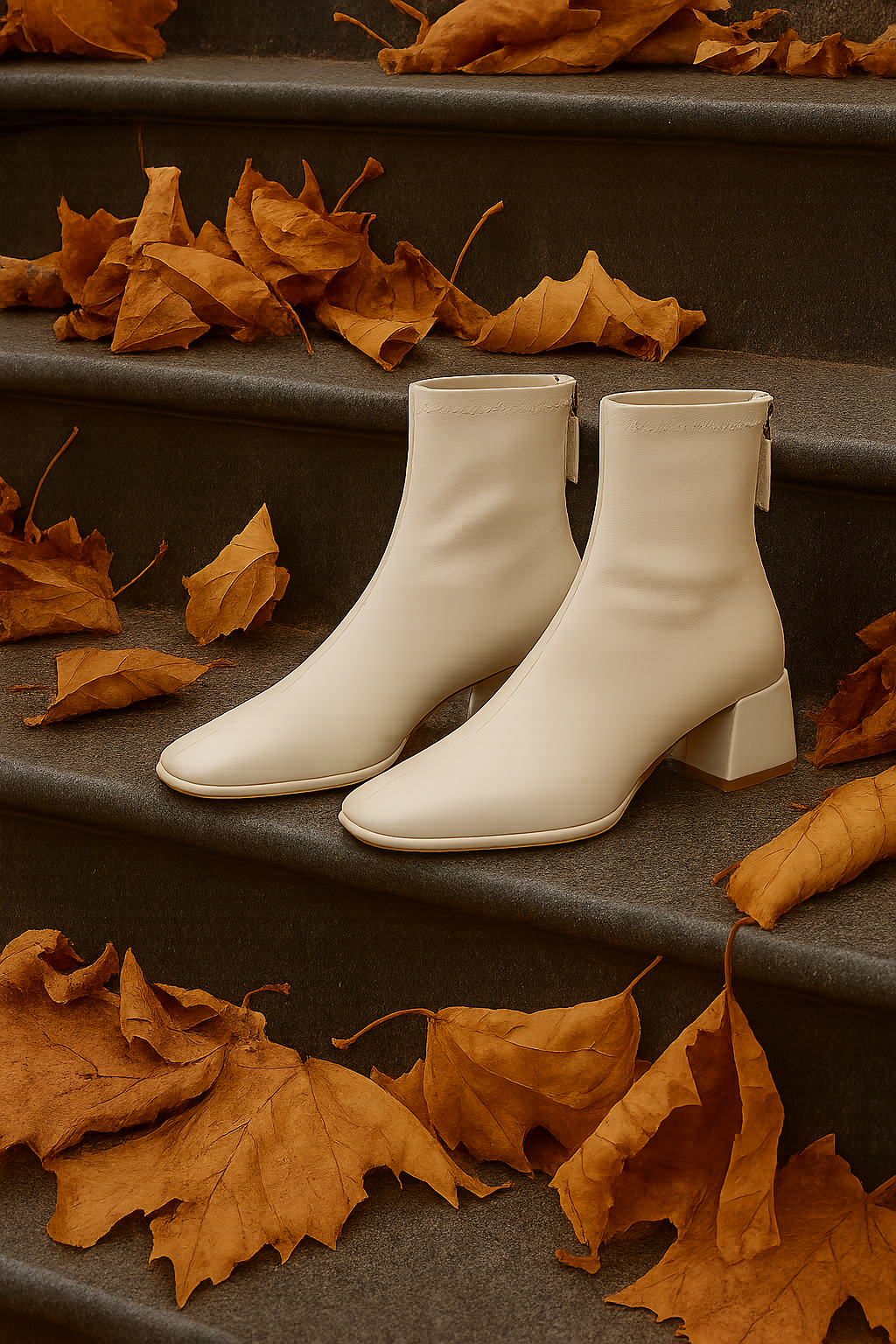 Women's Leather Ankle Boots with Block Heel and Square Toe Design