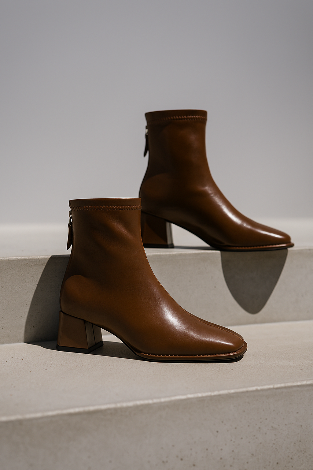 Women's Leather Ankle Boots with Block Heel and Square Toe Design
