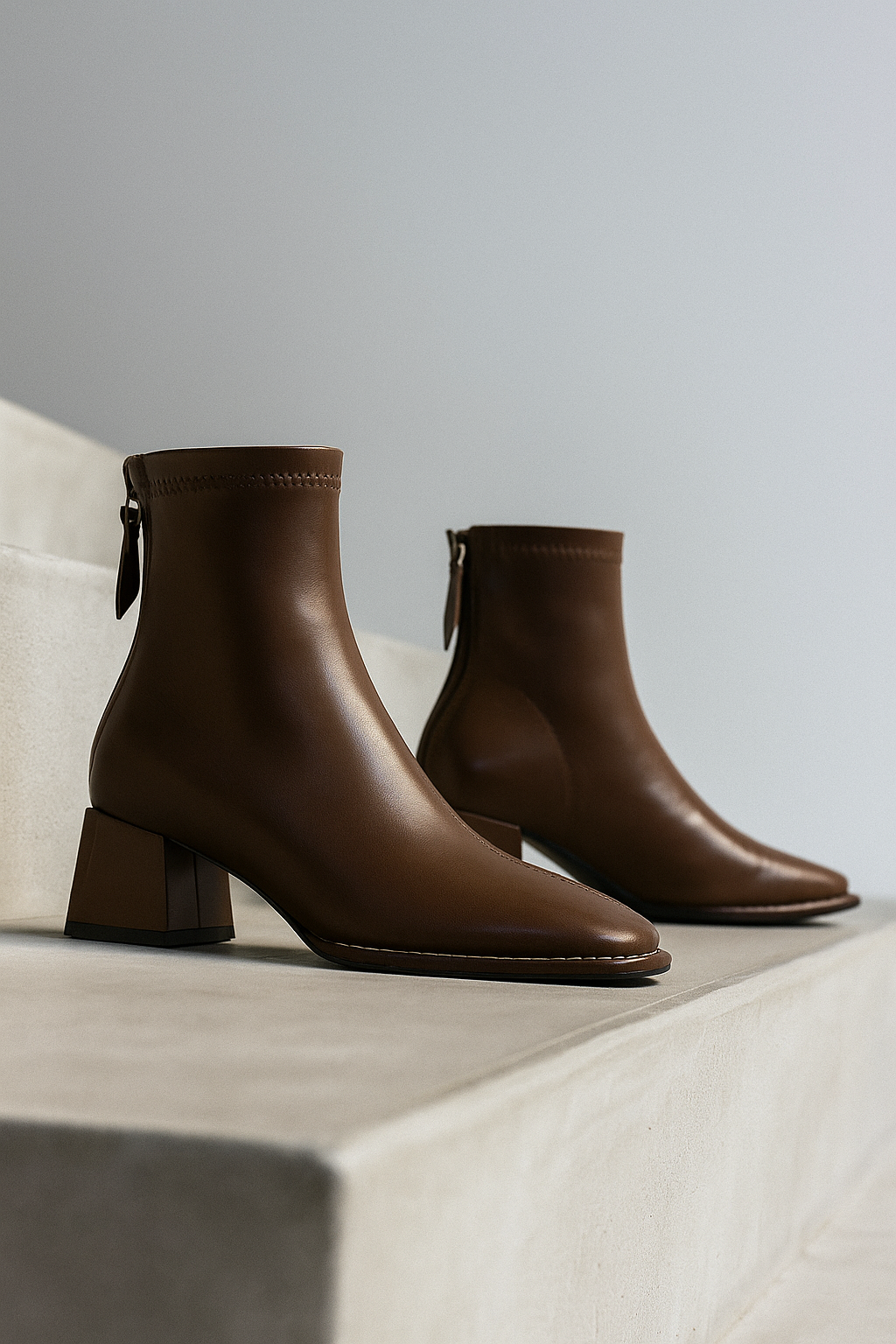 Women's Leather Ankle Boots with Block Heel and Square Toe Design