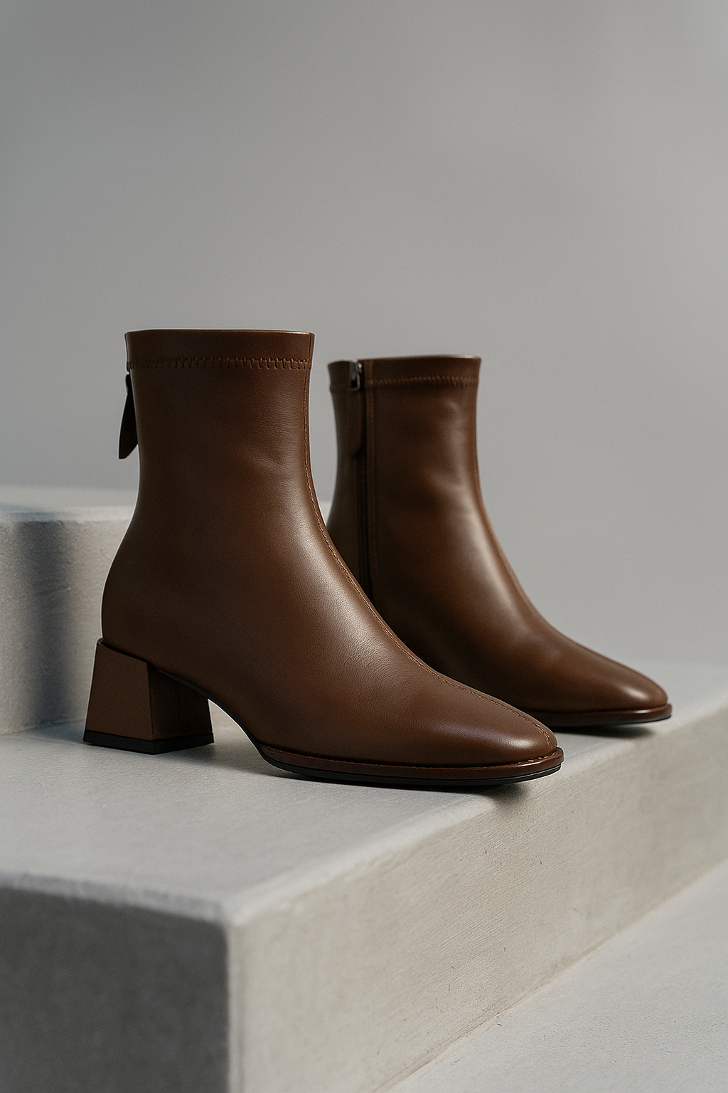 Women's Leather Ankle Boots with Block Heel and Square Toe Design