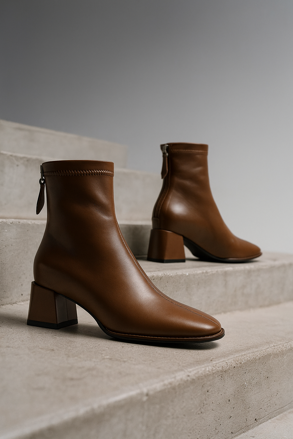 Women's Leather Ankle Boots with Block Heel and Square Toe Design
