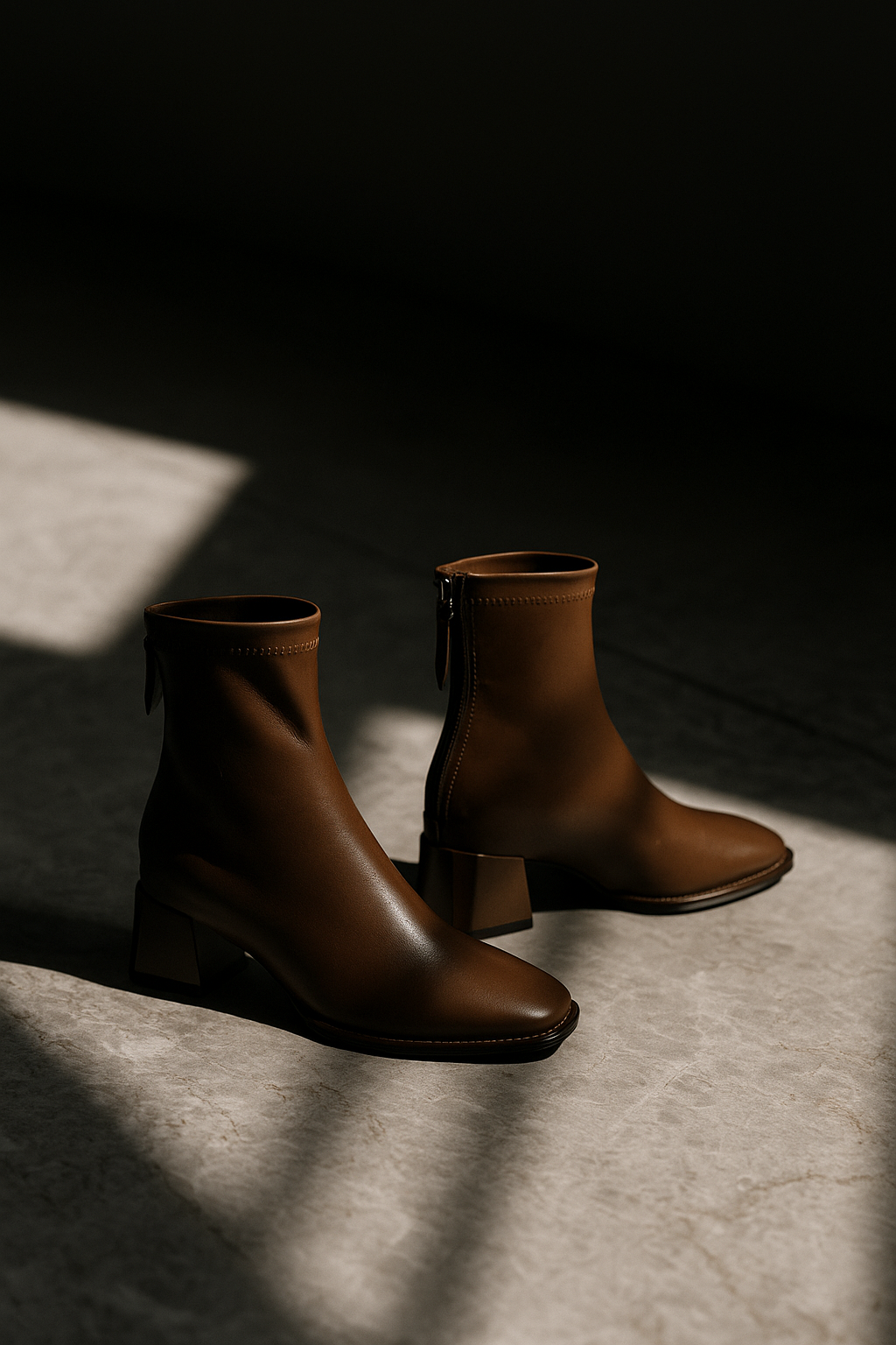Women's Leather Ankle Boots with Block Heel and Square Toe Design