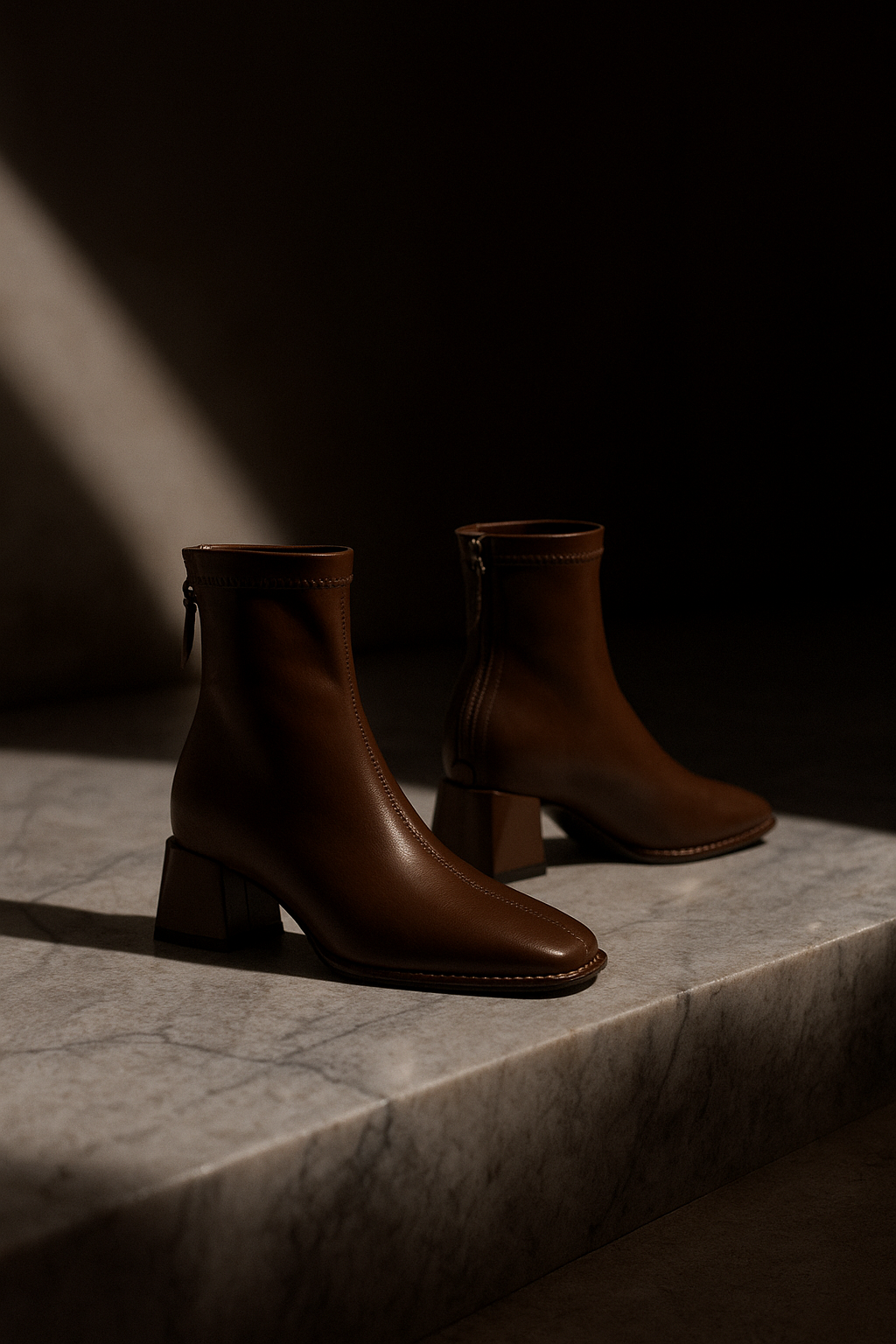 Women's Leather Ankle Boots with Block Heel and Square Toe Design