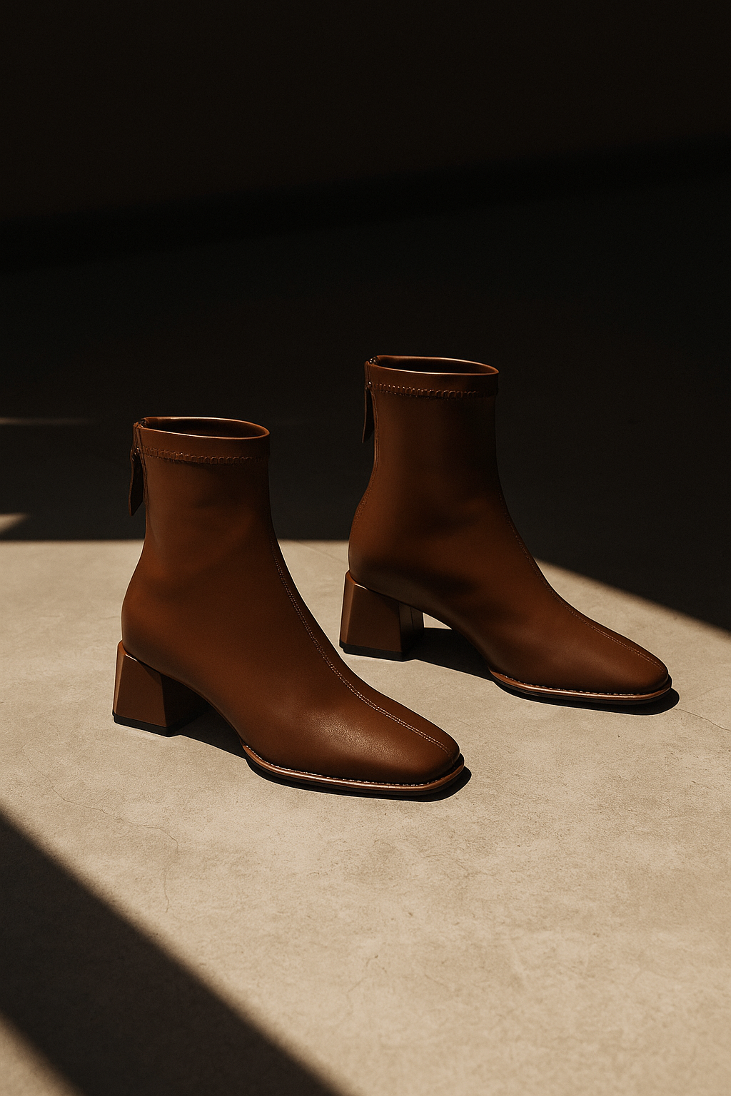 Women's Leather Ankle Boots with Block Heel and Square Toe Design