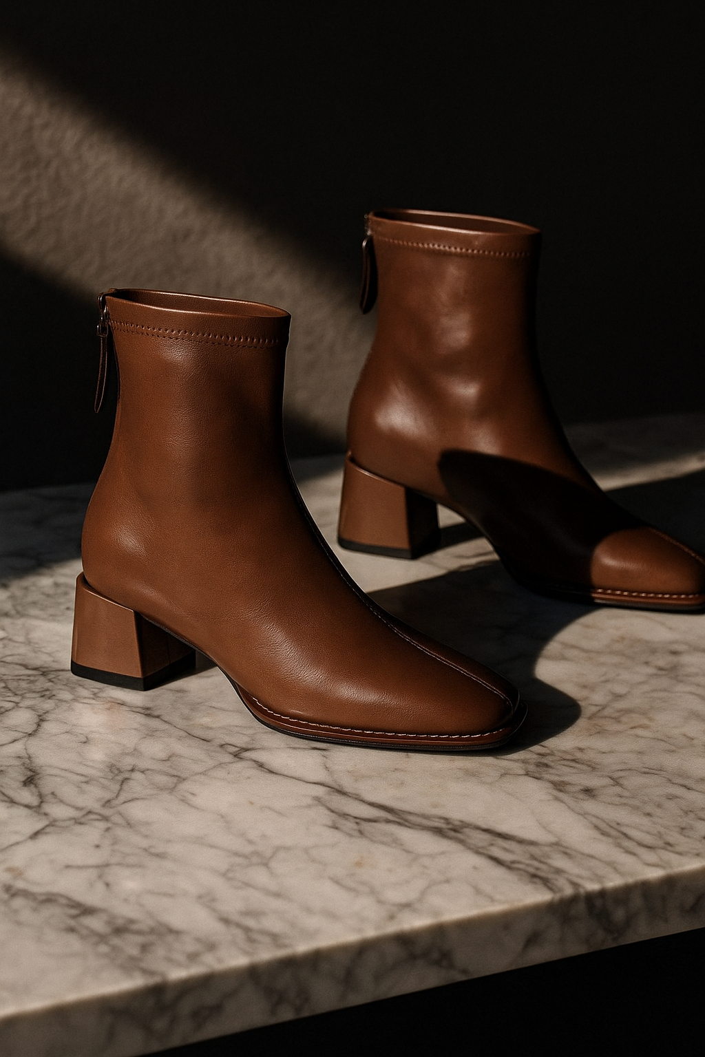 Women's Leather Ankle Boots with Block Heel and Square Toe Design