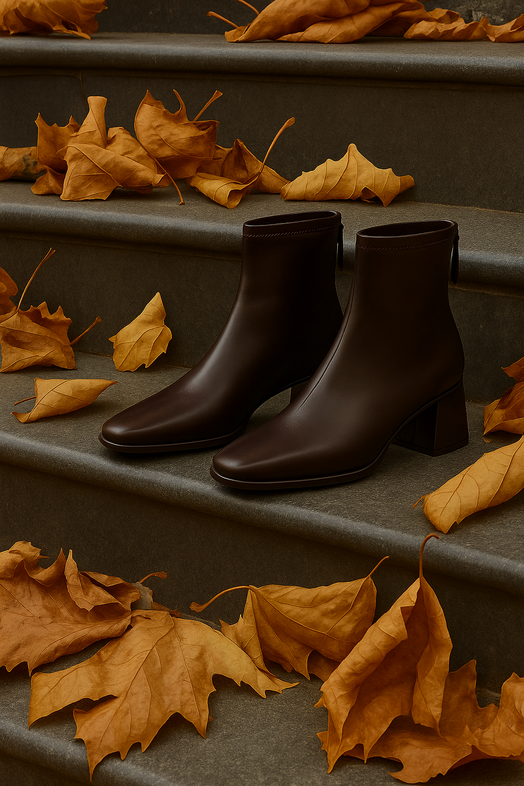 Women's Leather Ankle Boots with Block Heel and Square Toe Design
