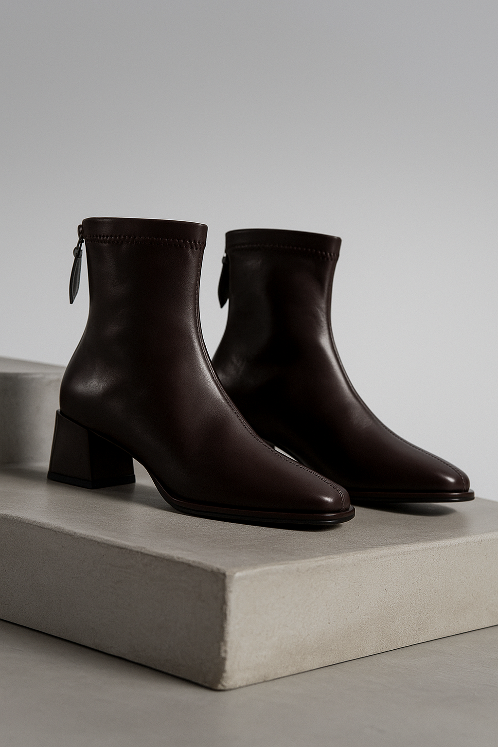 Women's Leather Ankle Boots with Block Heel and Square Toe Design