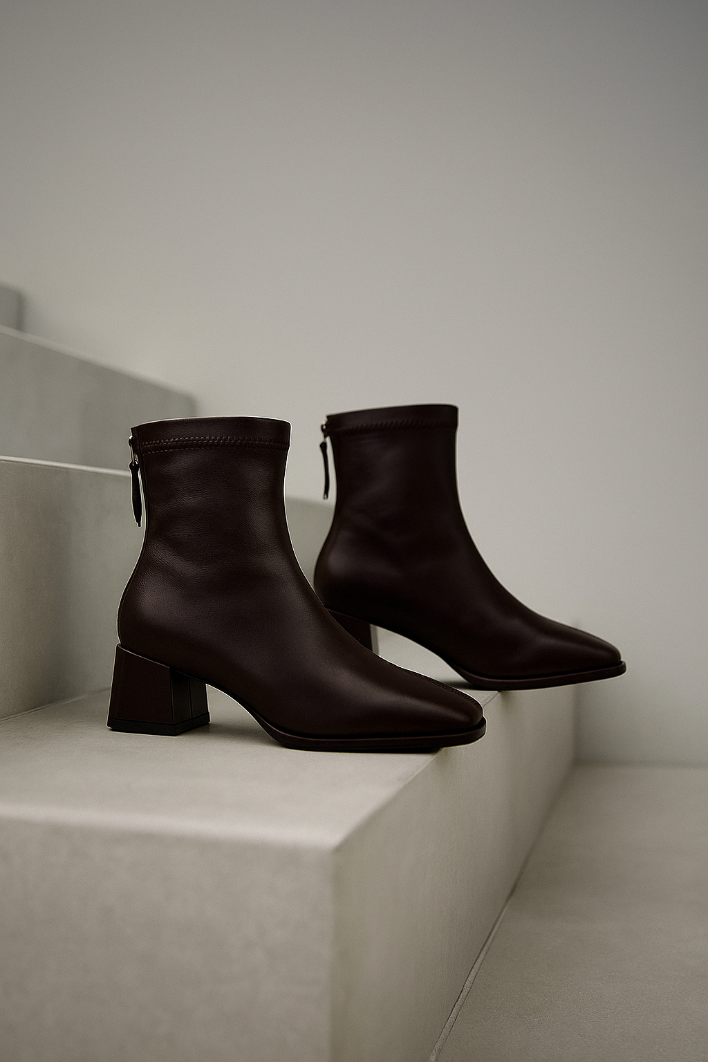 Women's Leather Ankle Boots with Block Heel and Square Toe Design