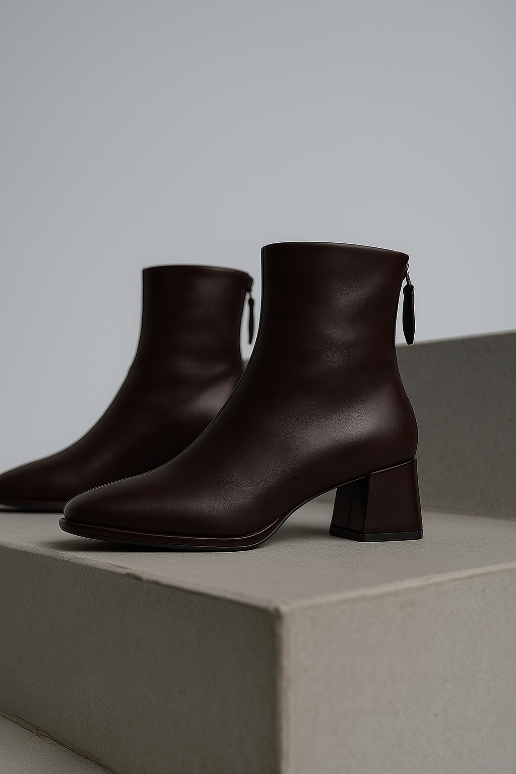 Women's Leather Ankle Boots with Block Heel and Square Toe Design