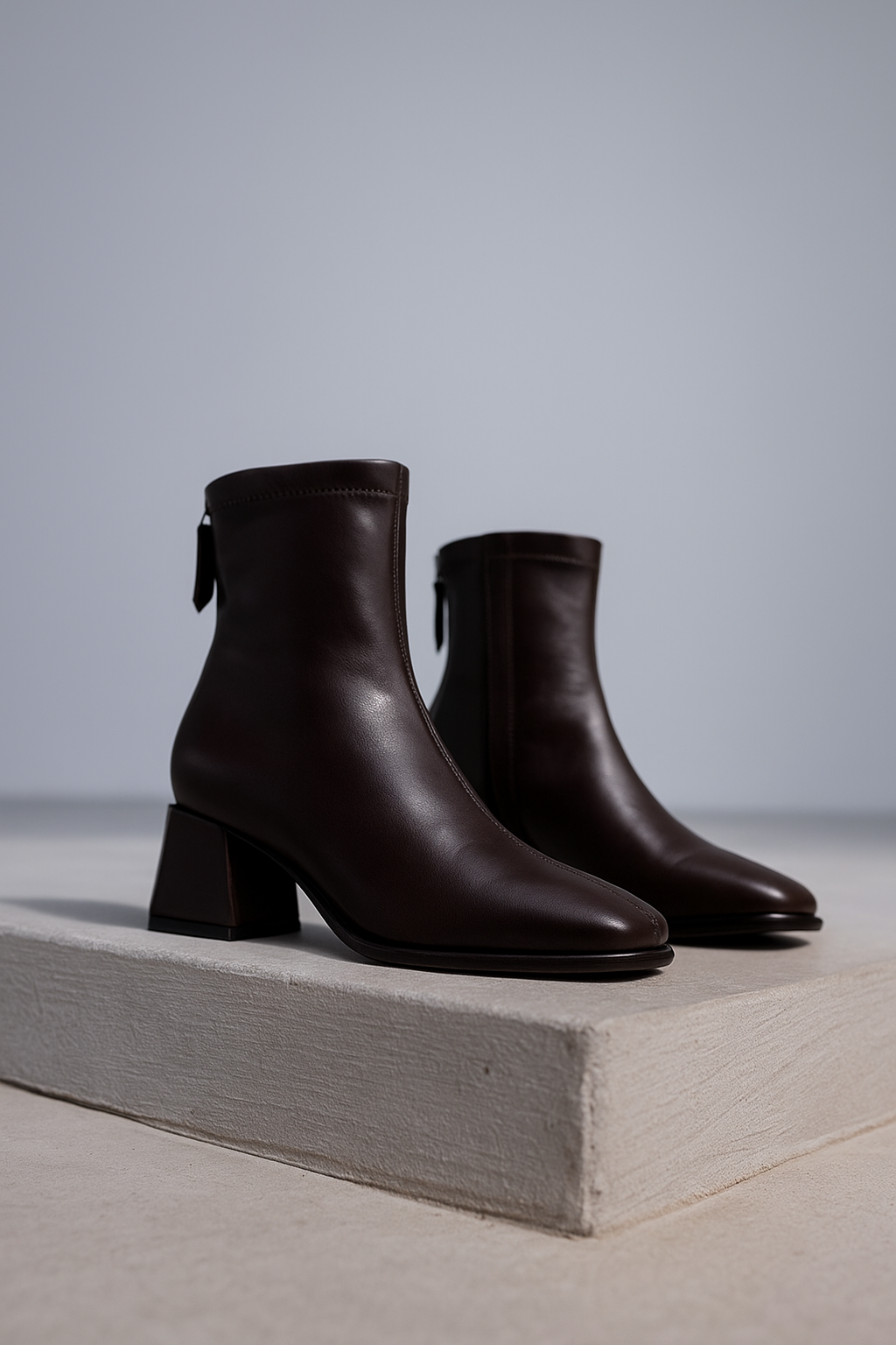 Women's Leather Ankle Boots with Block Heel and Square Toe Design