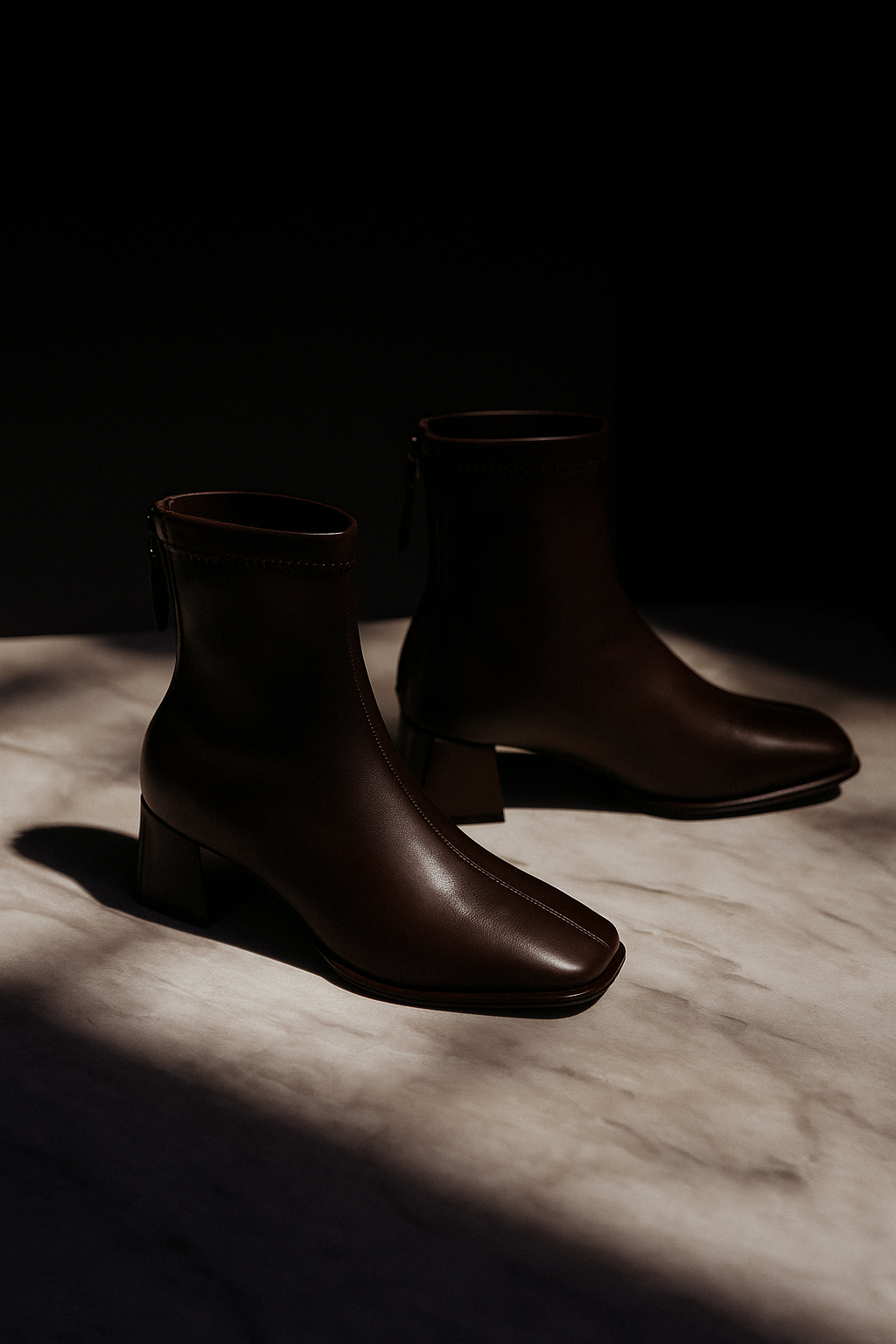 Women's Leather Ankle Boots with Block Heel and Square Toe Design