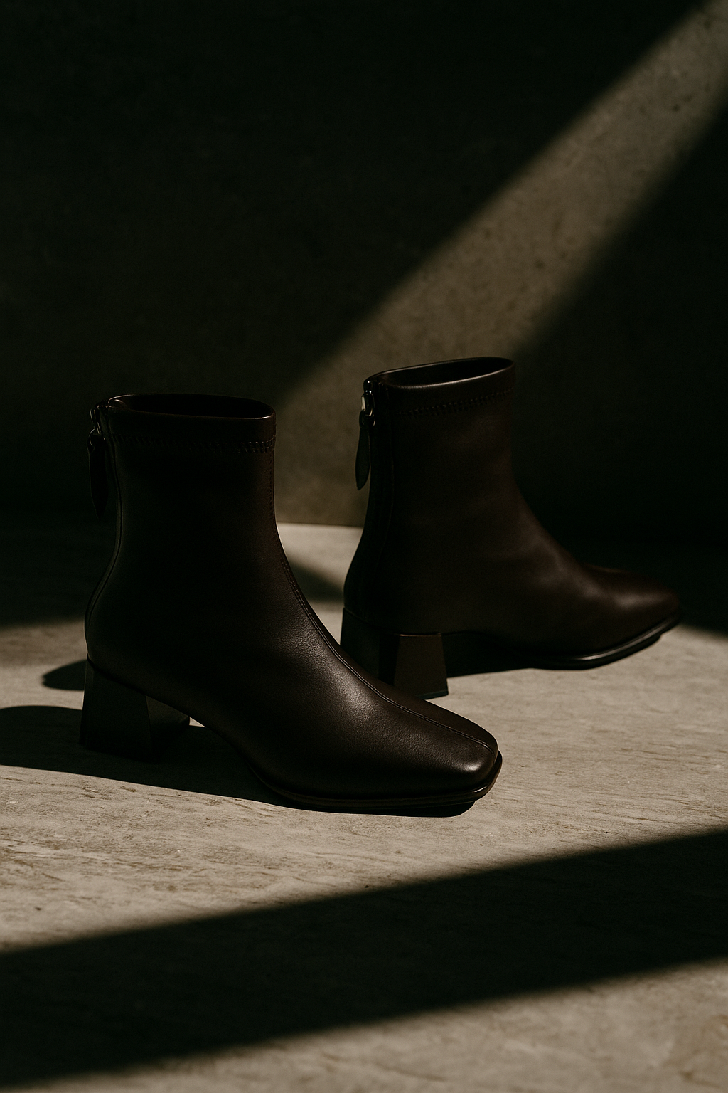 Women's Leather Ankle Boots with Block Heel and Square Toe Design