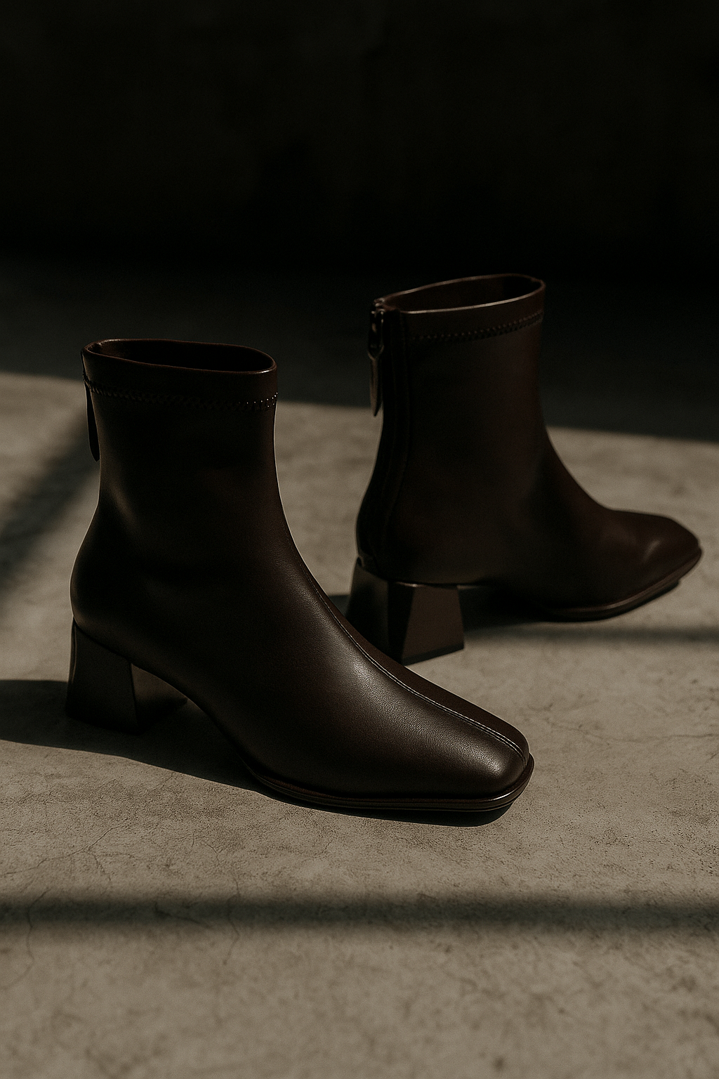 Women's Leather Ankle Boots with Block Heel and Square Toe Design