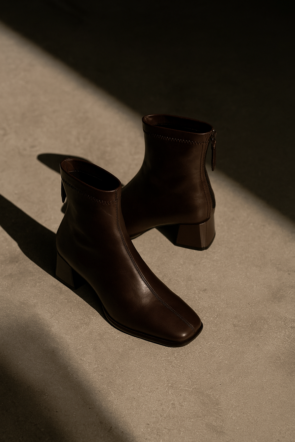 Women's Leather Ankle Boots with Block Heel and Square Toe Design