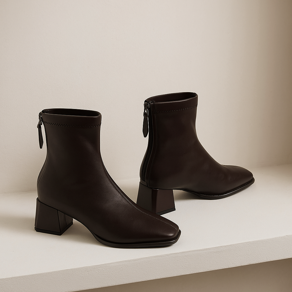 Women's Leather Ankle Boots with Block Heel and Square Toe Design