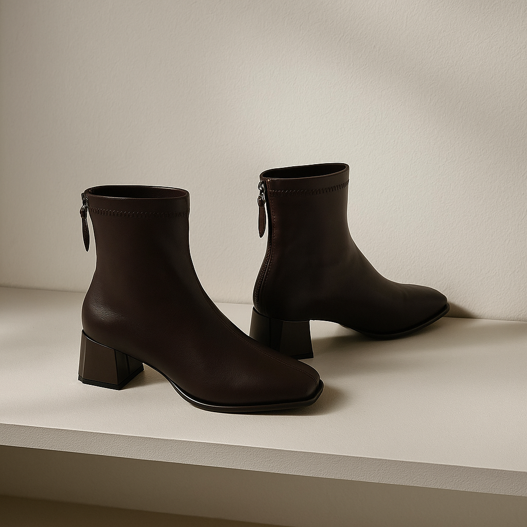 Women's Leather Ankle Boots with Block Heel and Square Toe Design