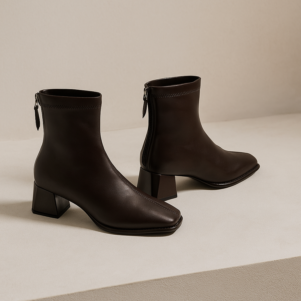 Women's Leather Ankle Boots with Block Heel and Square Toe Design