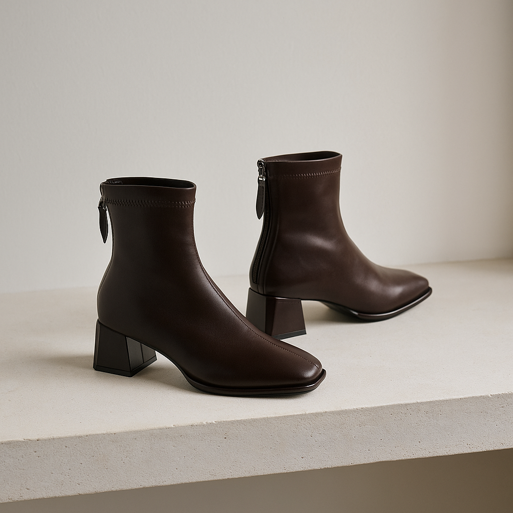 Women's Leather Ankle Boots with Block Heel and Square Toe Design