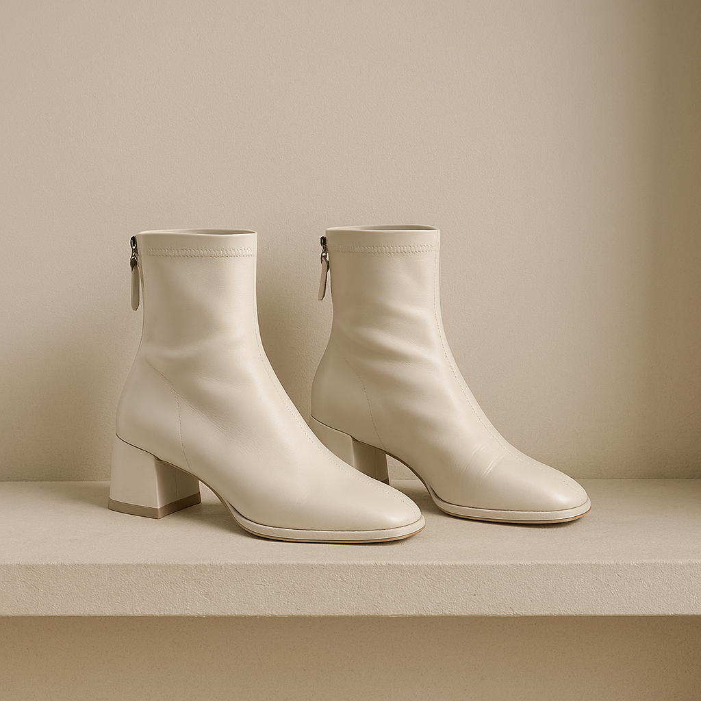 Women's Leather Ankle Boots with Block Heel and Square Toe Design
