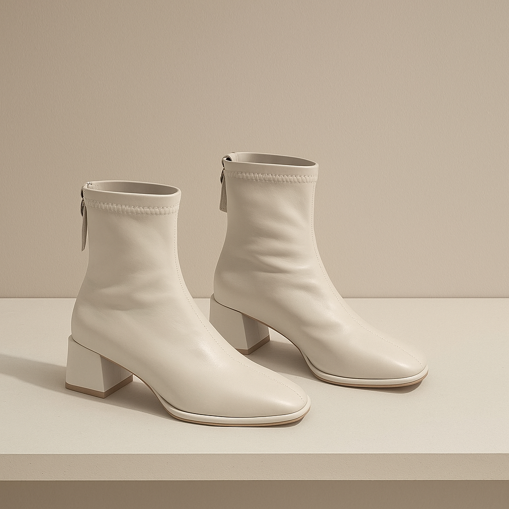 Women's Leather Ankle Boots with Block Heel and Square Toe Design
