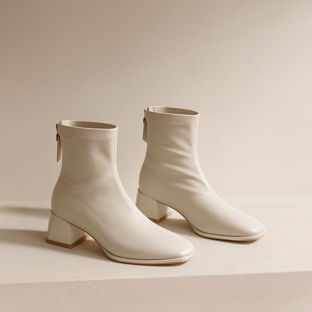 Women's Leather Ankle Boots with Block Heel and Square Toe Design