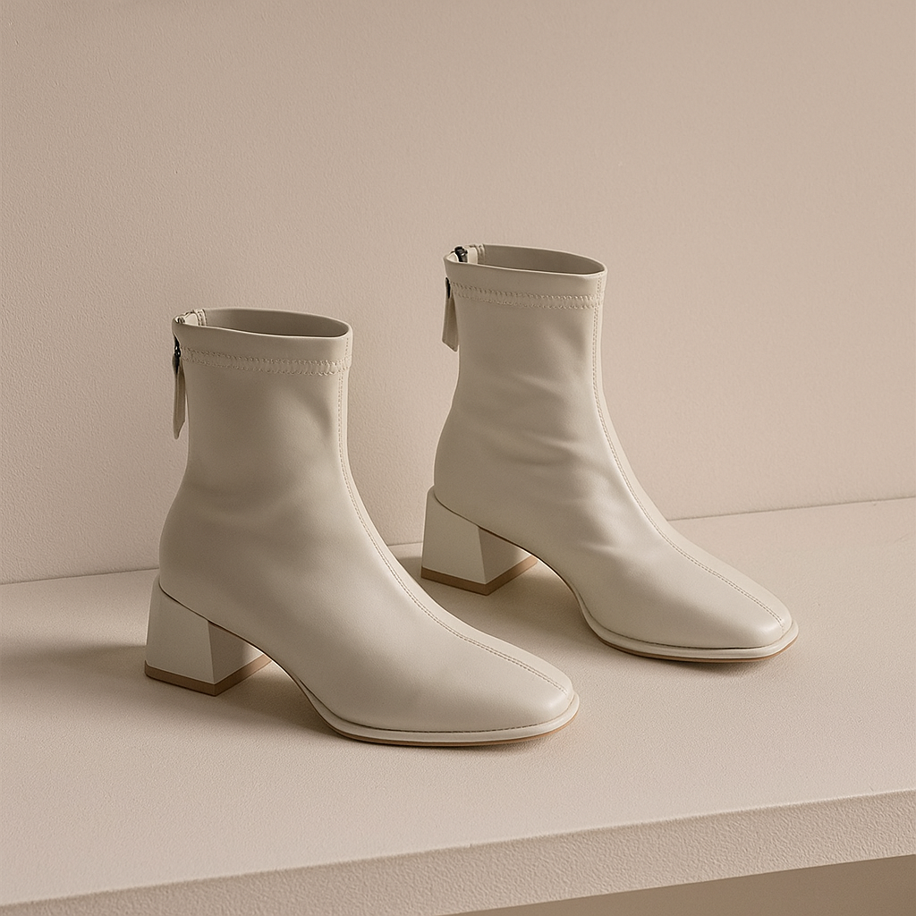 Women's Leather Ankle Boots with Block Heel and Square Toe Design