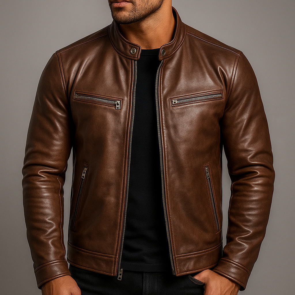 Men's Leather Jacket with Cotton Lining Vintage Style and Zip Closure