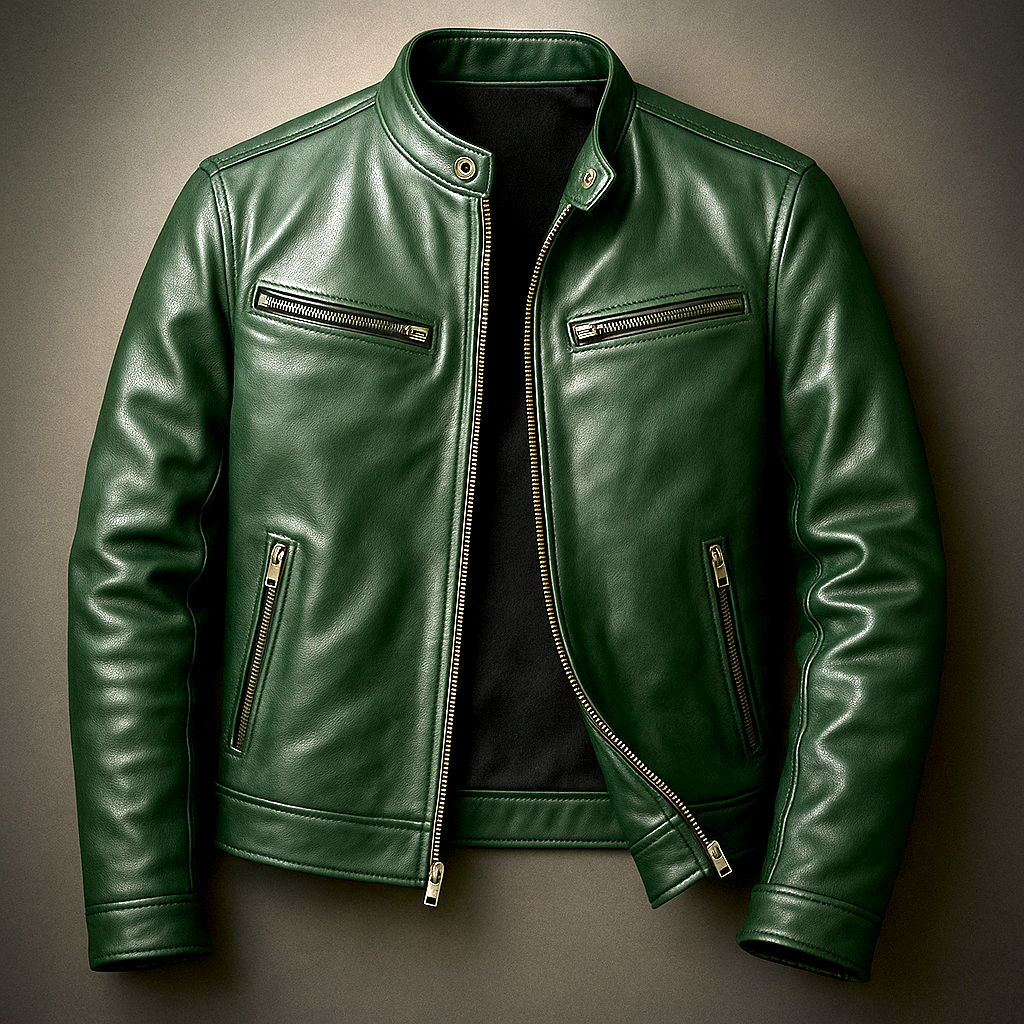 Men's Leather Jacket with Cotton Lining Vintage Style and Zip Closure