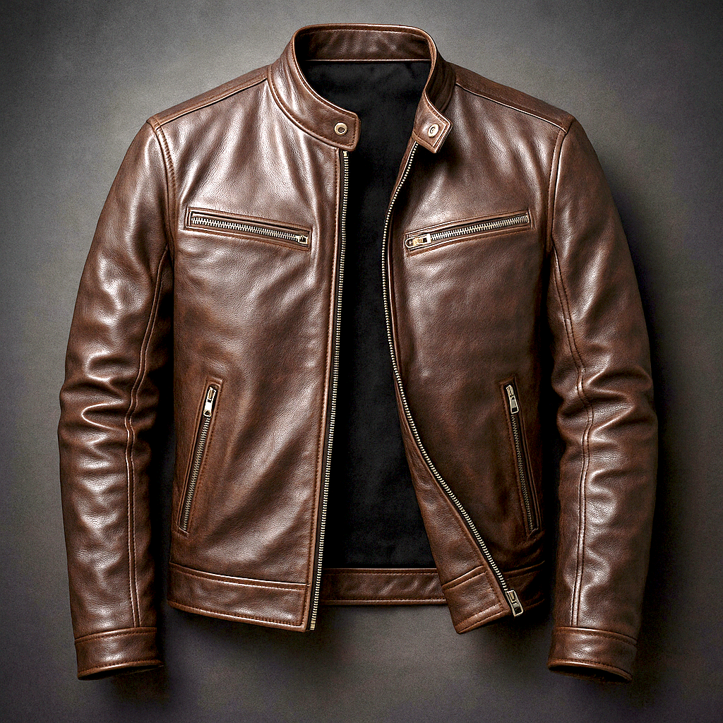 Men's Leather Jacket with Cotton Lining Vintage Style and Zip Closure