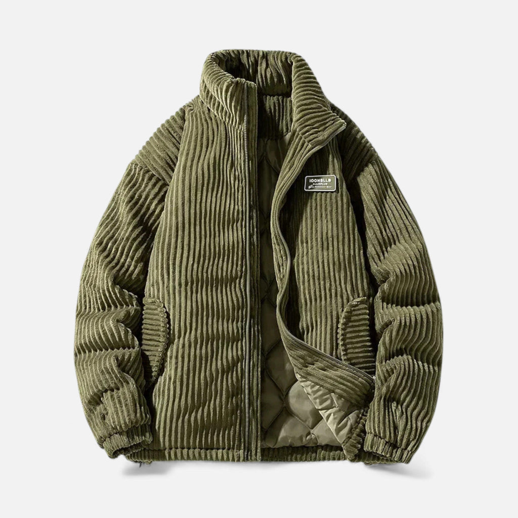 Men's Corduroy Parka with High Collar Quilted Design and Practical Pockets