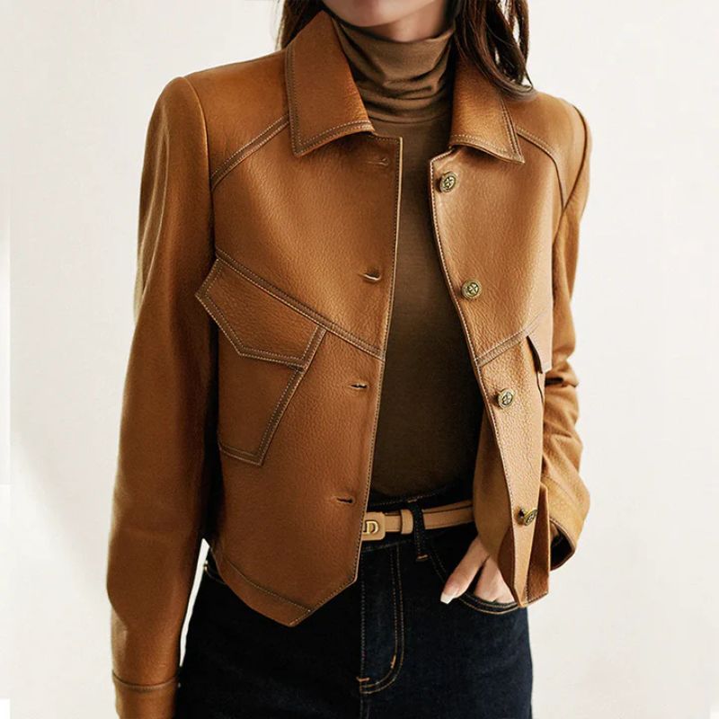 Women's Leather Jacket with Slim Fit Lapel Collar and Button Closure