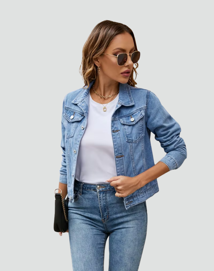 Women's Denim Jacket with Fitted Collar Button Closure and Practical Pockets
