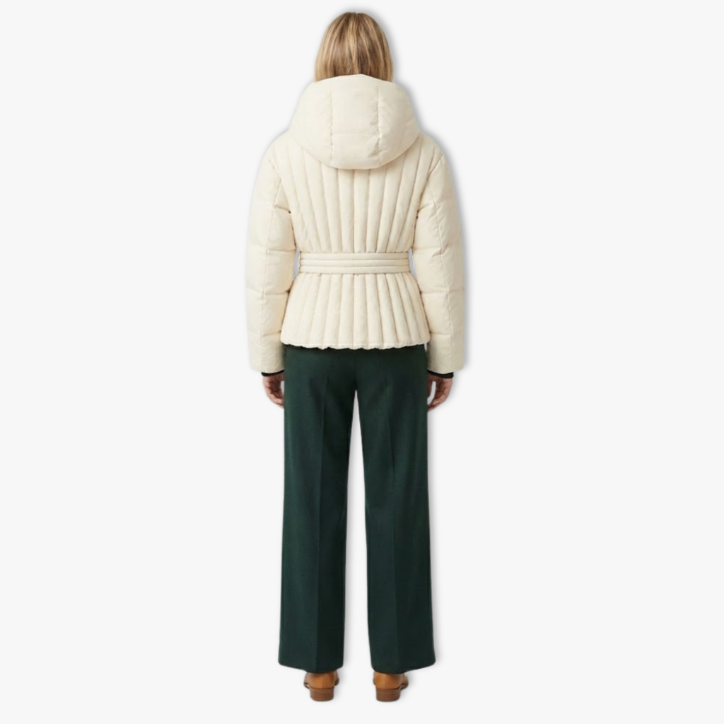 Women's Ski Jacket with Peplum Hem Waist Belt High Collar and Hood