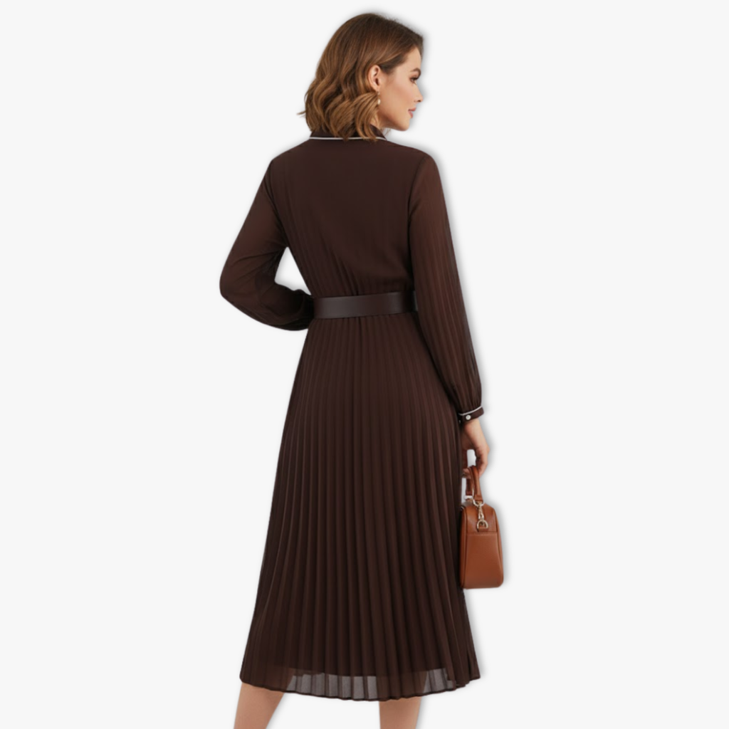 Pleated Midi Maxi Dress Women Long Sleeves With Belt Autumn