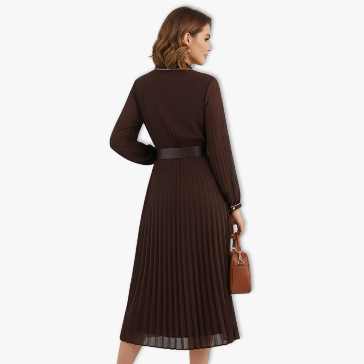 Pleated Midi Maxi Dress Women Long Sleeves With Belt Autumn