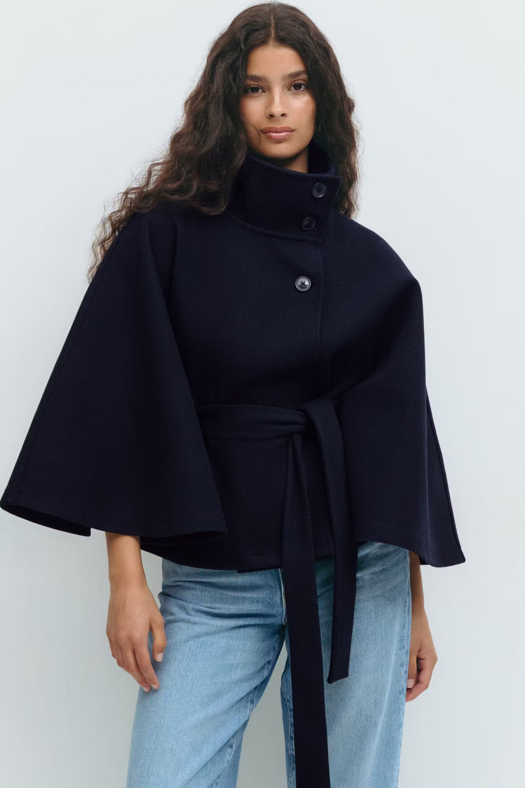 Women's Cape Coat with High Collar Button Closure and Tie Belt