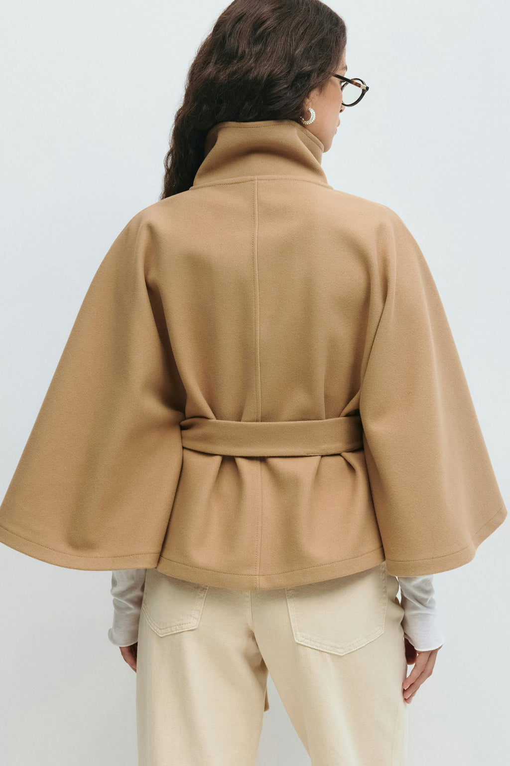 Women's Cape Coat with High Collar Button Closure and Tie Belt
