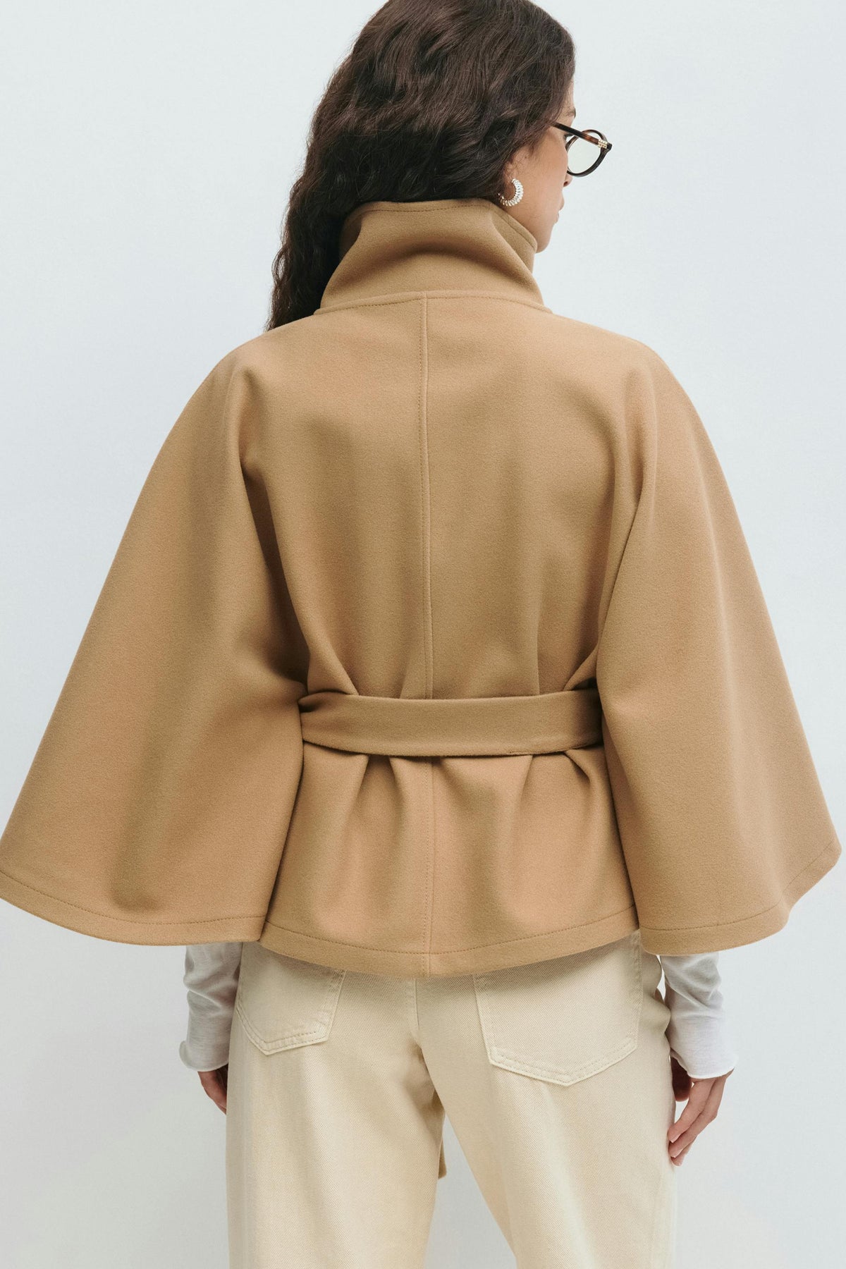 Women's Cape Coat with High Collar Button Closure and Tie Belt