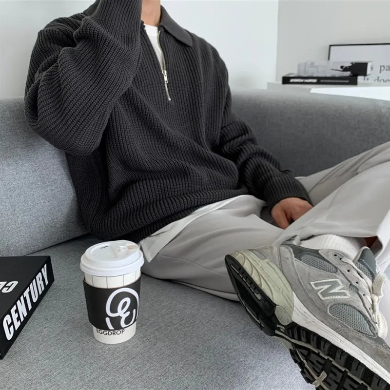 Men's Classic Knit Zip Sweater with Loose Relaxed Fit and Timeless Collar