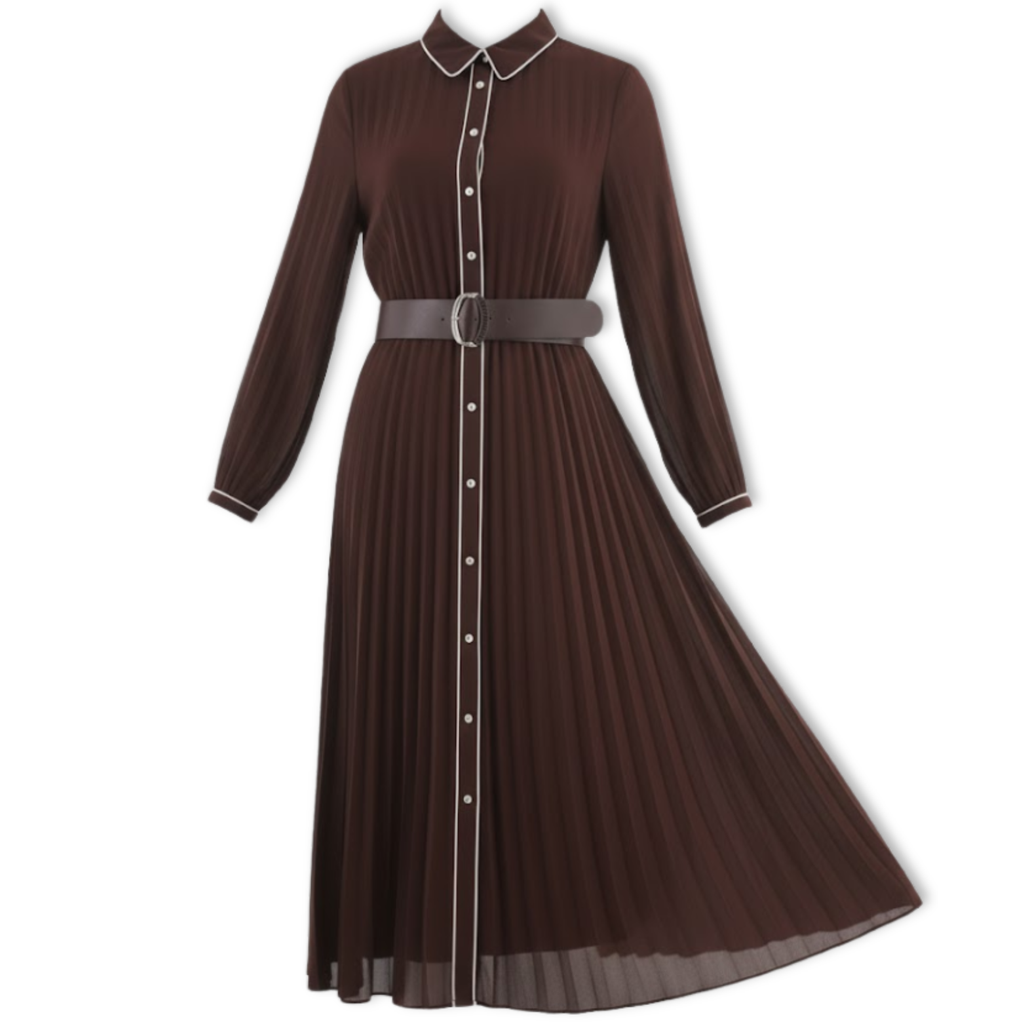 Pleated Midi Maxi Dress Women Long Sleeves With Belt Autumn