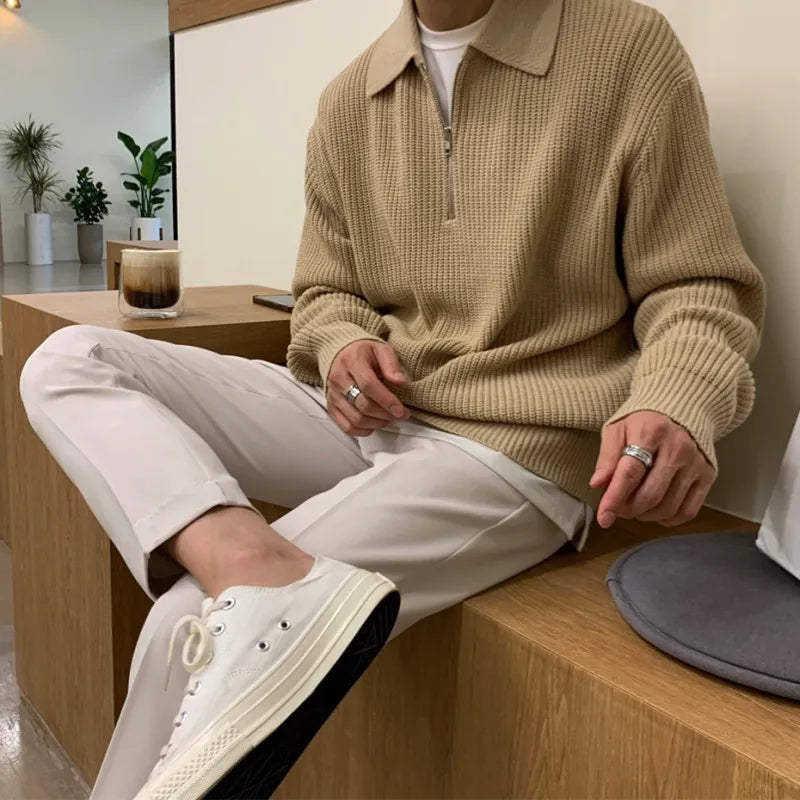 Men's Classic Knit Zip Sweater with Loose Relaxed Fit and Timeless Collar
