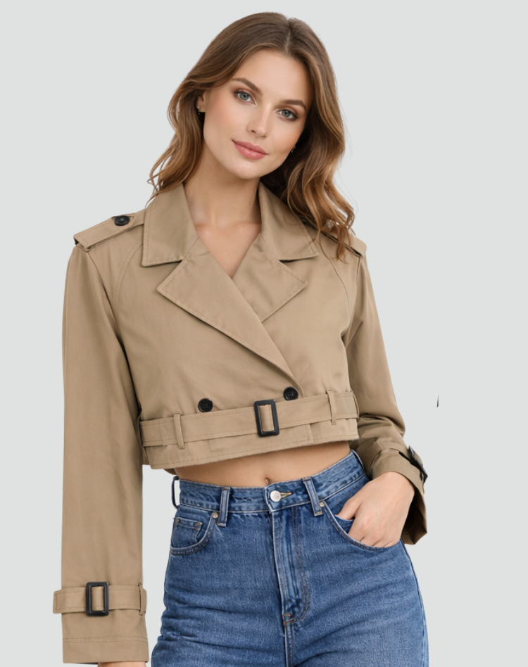 Women's Cropped Cotton Trench Coat with Regular Fit and Flattering Silhouette