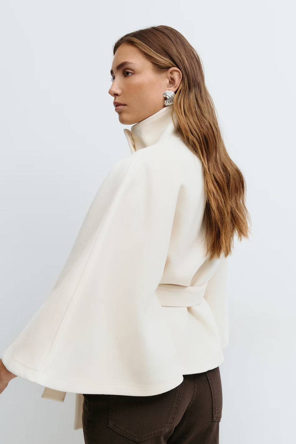 Women's Cape Coat with High Collar Button Closure and Tie Belt